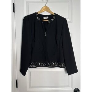 Bob Mackie Studio Blazer Black 8 Petite Zip Front Stud Trim Unlined